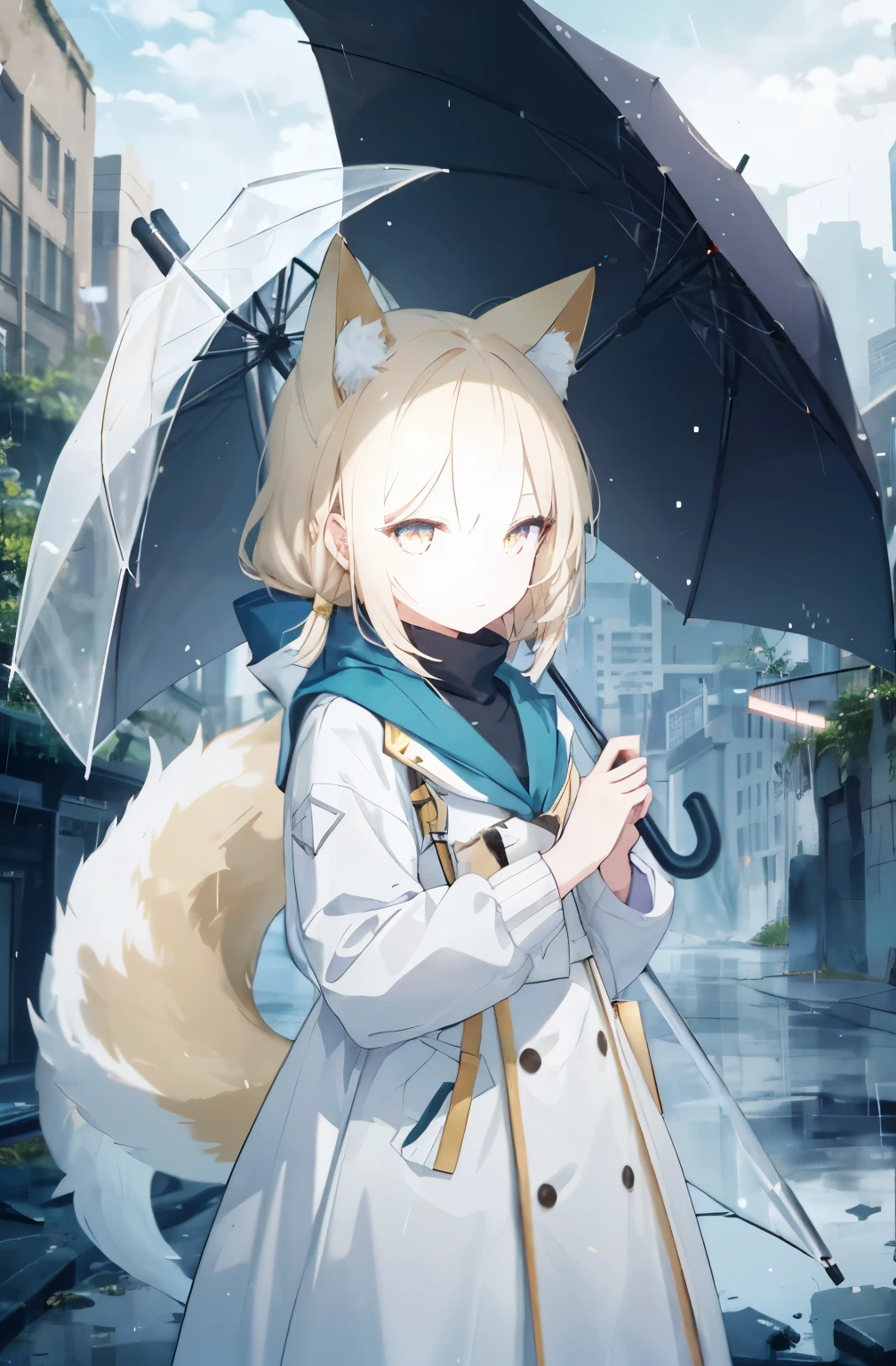 female handemale small hands，Holding an umbrella in the left hand，Holding an umbrella in the left hand，Normal fingers，Normal human fingers，Standing sideways among the ruins of the city on a rainy night，female face，Arknights style，golden eyes，Golden vertical pupils，Gloomy tones，No lighting on the face