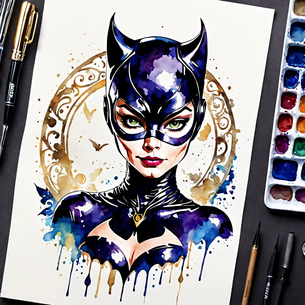 The Catwoman from Channel Six, in ornamental watercolor art style