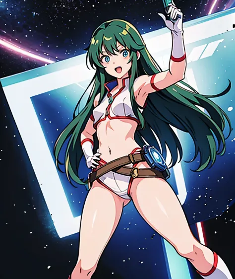 Reika Kirishima (Time Gal) with long green hair, small breasts, surprised expression, wearing only white gloves and white calf-high boots, a laser gun holster belt around her waist, breasts visible, cunt visible, thighs bare, knees bare, nude, standing ins...