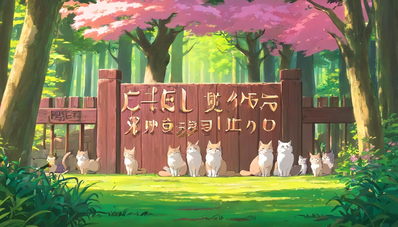 Twitch banner image, ghibli style, pink/green forest with lots of cats -  SeaArt AI