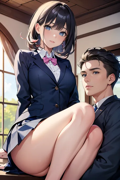 masterpiece, best quality, high resolution, ultra detailed, perfect anatomy, detailed face, detailed eyes, duo, ((1 girl and 1 boy)), (1 girl, girl with pink wavy bob hair, girl with light blue eyes,  beautiful girl), (1 boy, boy with black hair with bangs...