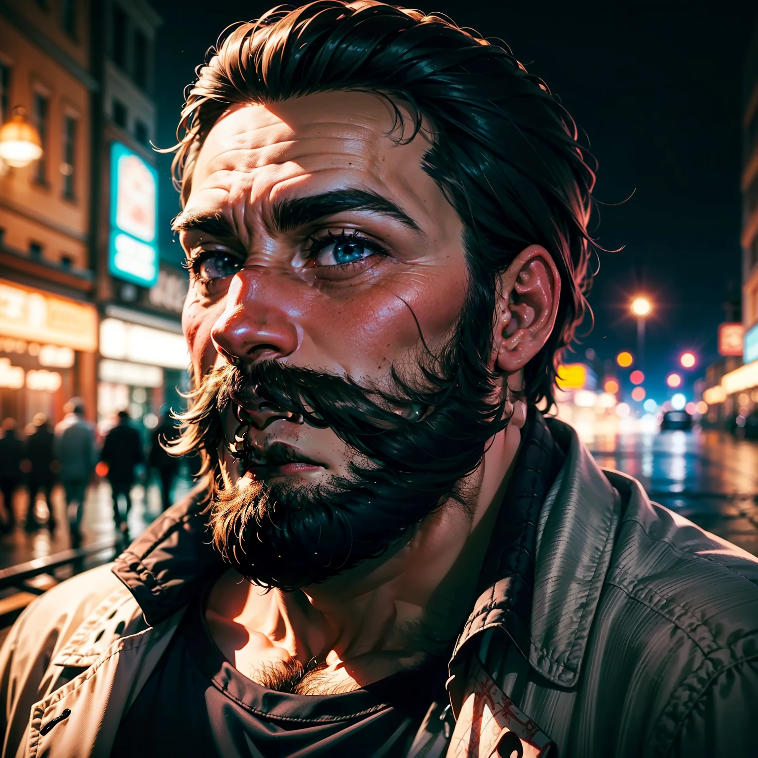 profile picture (just the face), serious, Right eyes, With beard and mustache, Background of a city at night, Bright colors and solid tone, Best 4K quality, detailed.