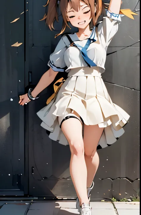 masterpiece, very short pigtails,brown hair, Hair tie with two big red clothespins, mature, Female robot, android, mechanical robot, joint seam, with blue ocarina, blue eyes, full body figure, Height: 160cm, Light beige dress, fluttering skirt, skirt turne...