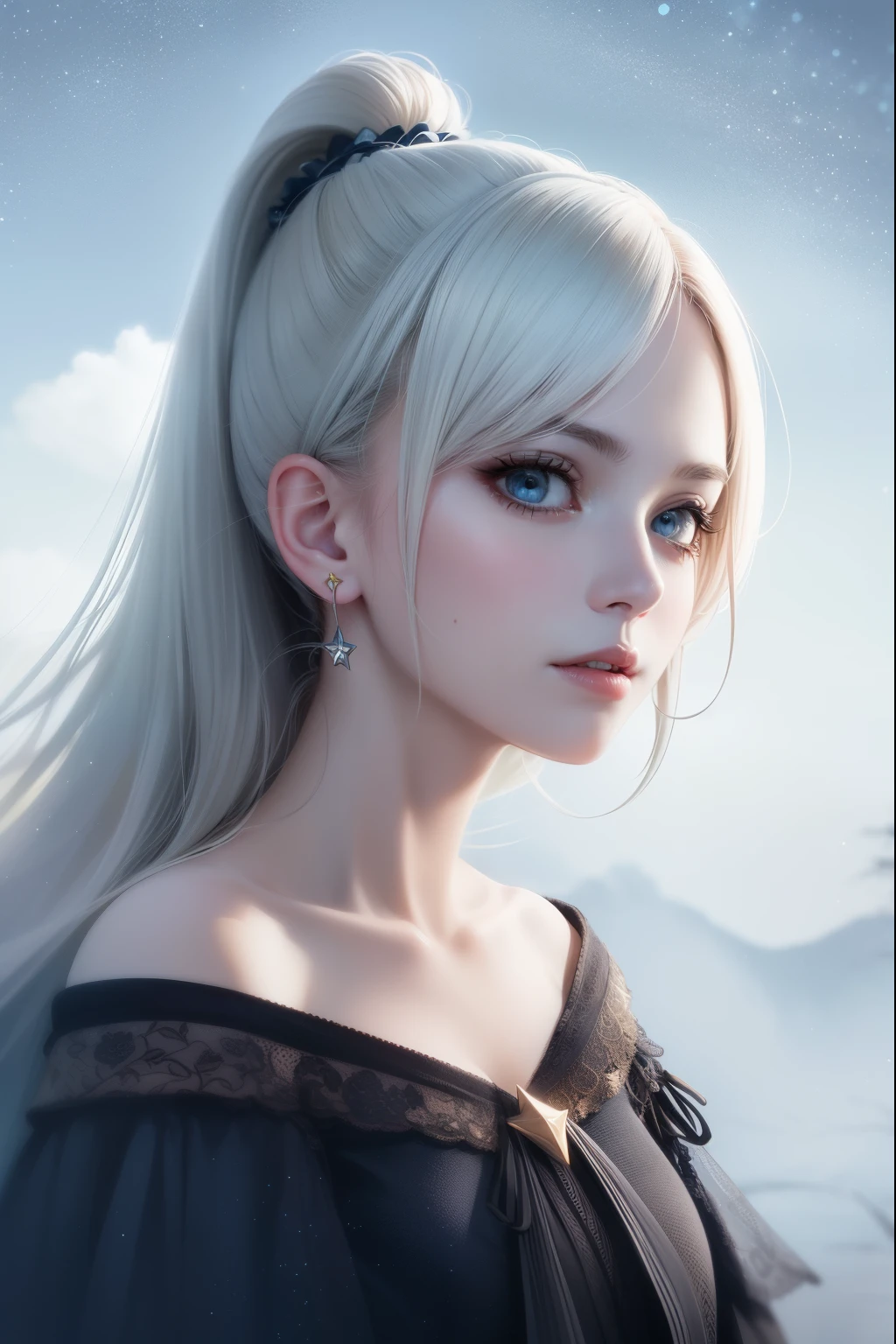 masterpiece, (best quality:1.2), (Super detailed:1.2), illustration, (extremely delicate and beautiful:1.2),movie angle,floating, (Beautiful and delicate eyes:1.1), (detail light:1.1),Cinema lighting, beautiful detailed sky, woman, white hair, blue eyes, (high ponytail:1.1), cloak, Glowing eyes:1.2), (moonlight:1.1), starry sky, (lighting particle:1.1), FOG, Snow painting, sketch, bloom