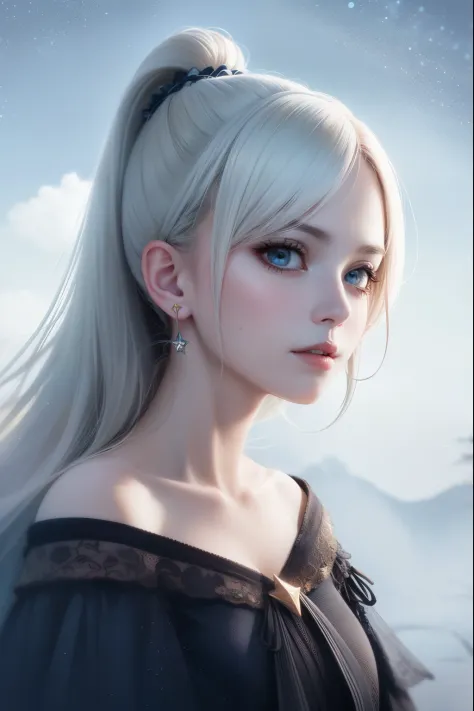 masterpiece, (best quality:1.2), (Super detailed:1.2), illustration, (extremely delicate and beautiful:1.2),movie angle,floating, (Beautiful and delicate eyes:1.1), (detail light:1.1),Cinema lighting, beautiful detailed sky, woman, white hair, blue eyes, (...