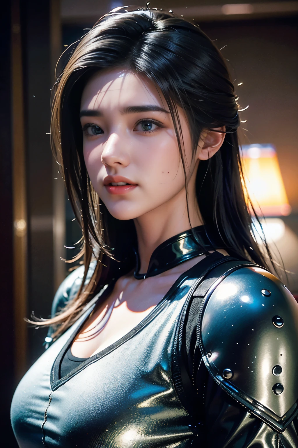 Game art，The best picture quality，Highest resolution，8K，((A bust photograph))，((Portrait))，(Rule of thirds)，Unreal Engine 5 rendering works， (The Girl of the Future)，(Female Warrior)，22岁少女，(Hair random)，(A beautiful eye full of detail)，(Big breasts)，(Eye shadow)，优雅迷人，微笑，(皱眉)，(Clothes full of futuristic sci-fi style，Sweater，A delicate pattern，Glittering jewels，Armor，White and red)，赛博朋克人物，未来风格， 拍照姿势，街道背景，Movie lights，Ray tracing，Game CG，((3D Unreal Engine))，oc渲染反射纹