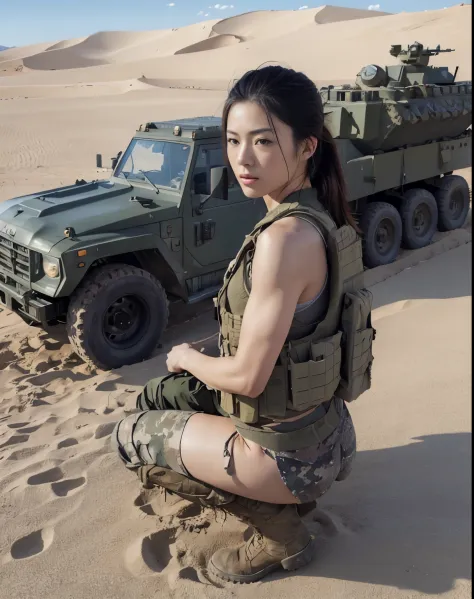 photorealistic、Realistic skin textures、A beautiful Japanese woman belonging to the American military stands next to a military vehicle、Looking at the sky、Small tattoo on the neck、desert、Little muscle、bulletproof vest、boots,、Equipment、Overhead composition f...