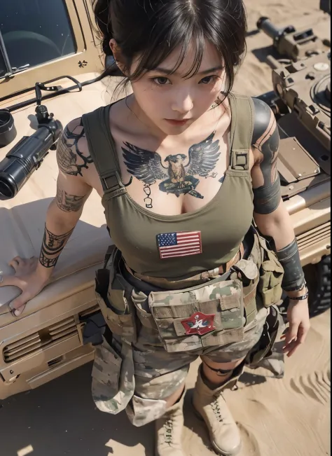 
photorealistic、Realistic skin textures、A beautiful Japanese woman belonging to the American military stands next to a military vehicle、Have an anti-material rifle、Small tattoo on the neck、desert、Little muscle、bulletproof vest、boots,、Equipment、A bird&#39;s...