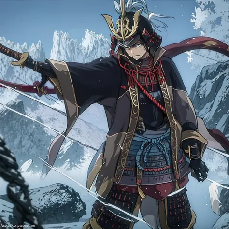 a man in samurai armor, holding a katana, ice power, in a castle
