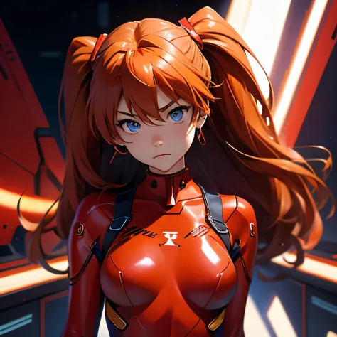  highest quality, expressive eyes, perfect face, 1 girl, alone, Soryu Asuka Langley, interface headset, red bodysuit, leaning fo...