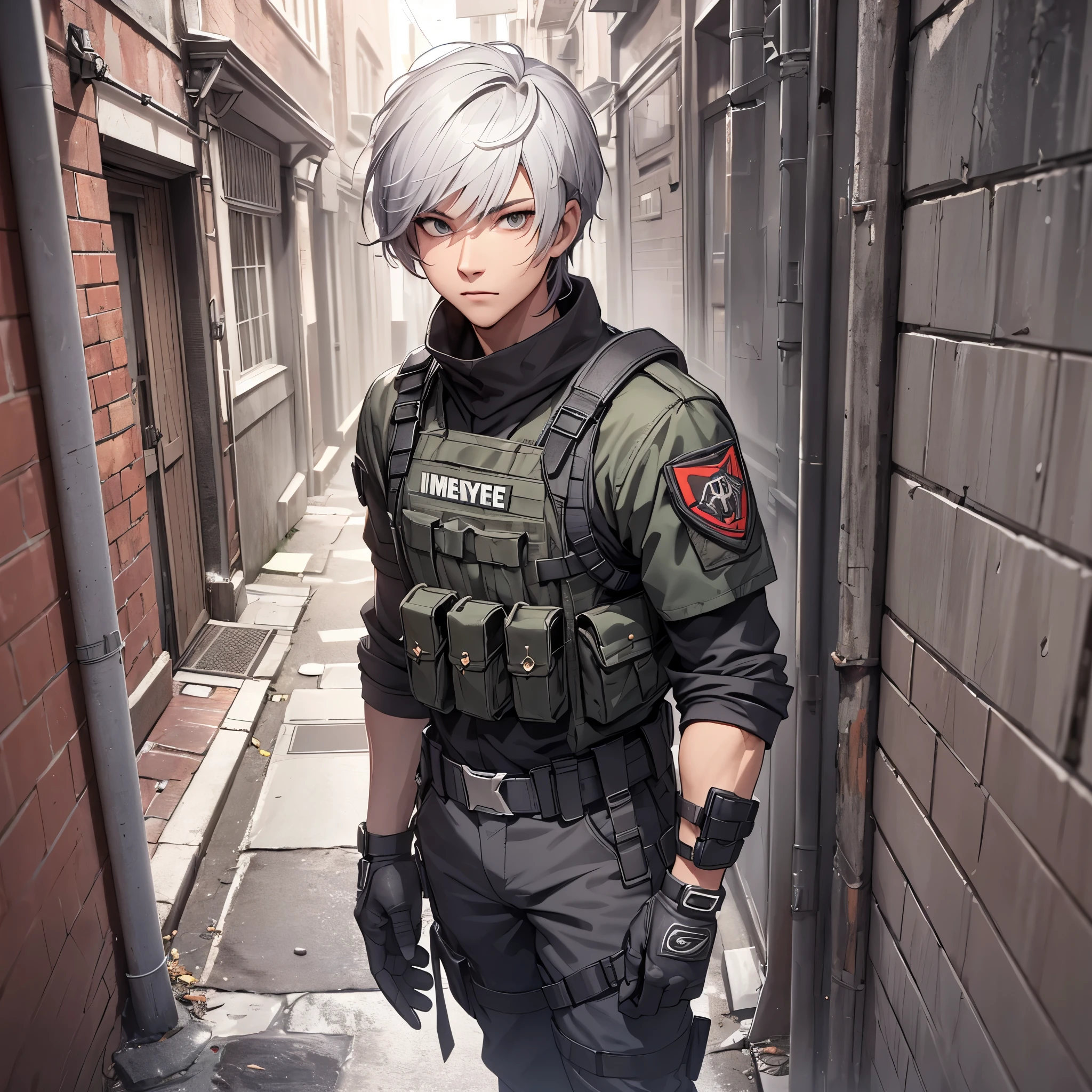 Anime character in uniform standing in alleyway with gun - SeaArt AI