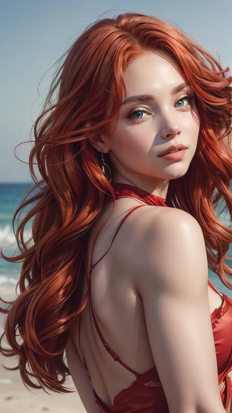 Professional photo, beautiful bronze-red hair, green eyes, red lips, sensual photo model female portrait, slight smile, serene, ...