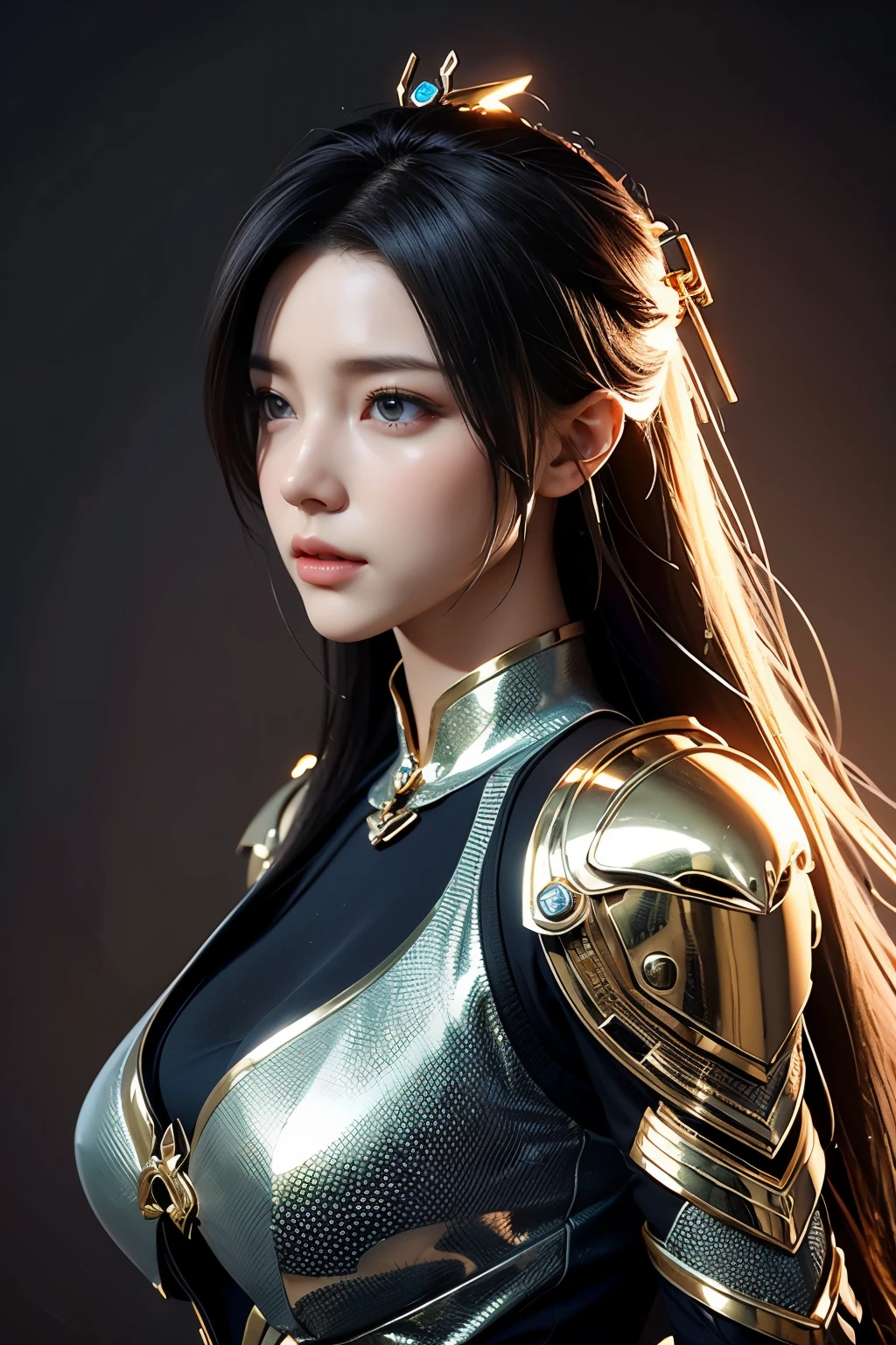 Game art，The best picture quality，Highest resolution，8K，((A bust photograph))，((Portrait))，(Rule of thirds)，Unreal Engine 5 rendering works， (The Girl of the Future)，(Female Warrior)，22岁少女，(Hair random)，(A beautiful eye full of detail)，(Big breasts)，(Eye shadow)，优雅迷人，微笑，(皱眉)，(Clothes full of futuristic sci-fi style，Sweater，A delicate pattern，Glittering jewels，Armor，White and red)，赛博朋克人物，未来风格， 拍照姿势，街道背景，Movie lights，Ray tracing，Game CG，((3D Unreal Engine))，oc渲染反射纹