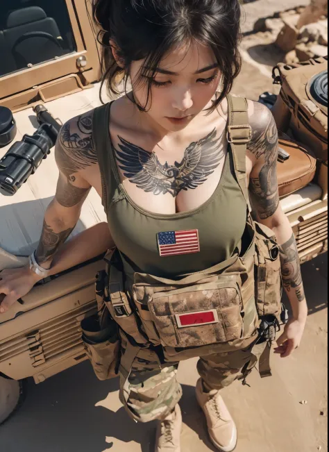 (best quality,realistic:1.2),ultra-detailed,photorealistic:1.37,portraits,desert American military,beautiful Japanese woman,standing next to a military vehicle,holding an anti-materiel rifle,small tattoo on her neck,sand,slight muscles,bulletproof vest,com...