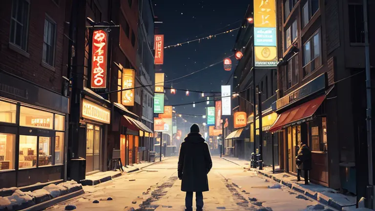A man standing alone in the city on a snowy night