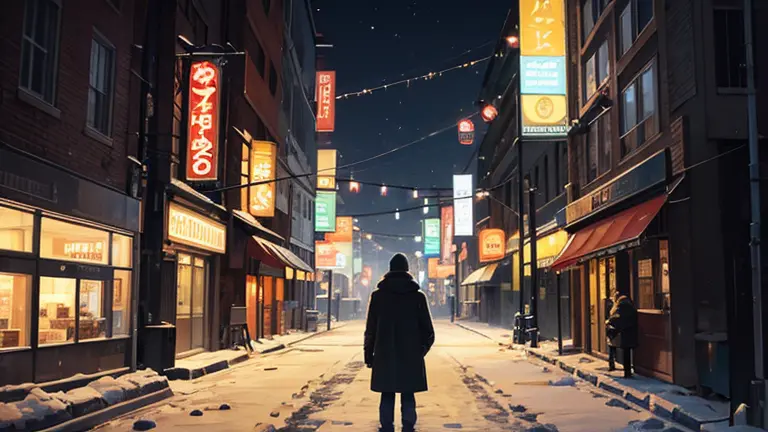 a man standing alone in the city on a snowy night