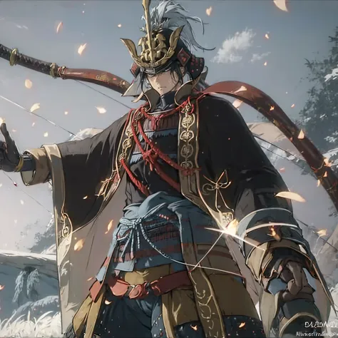 a man in samurai armor, holding a katana ice power, in a castle
