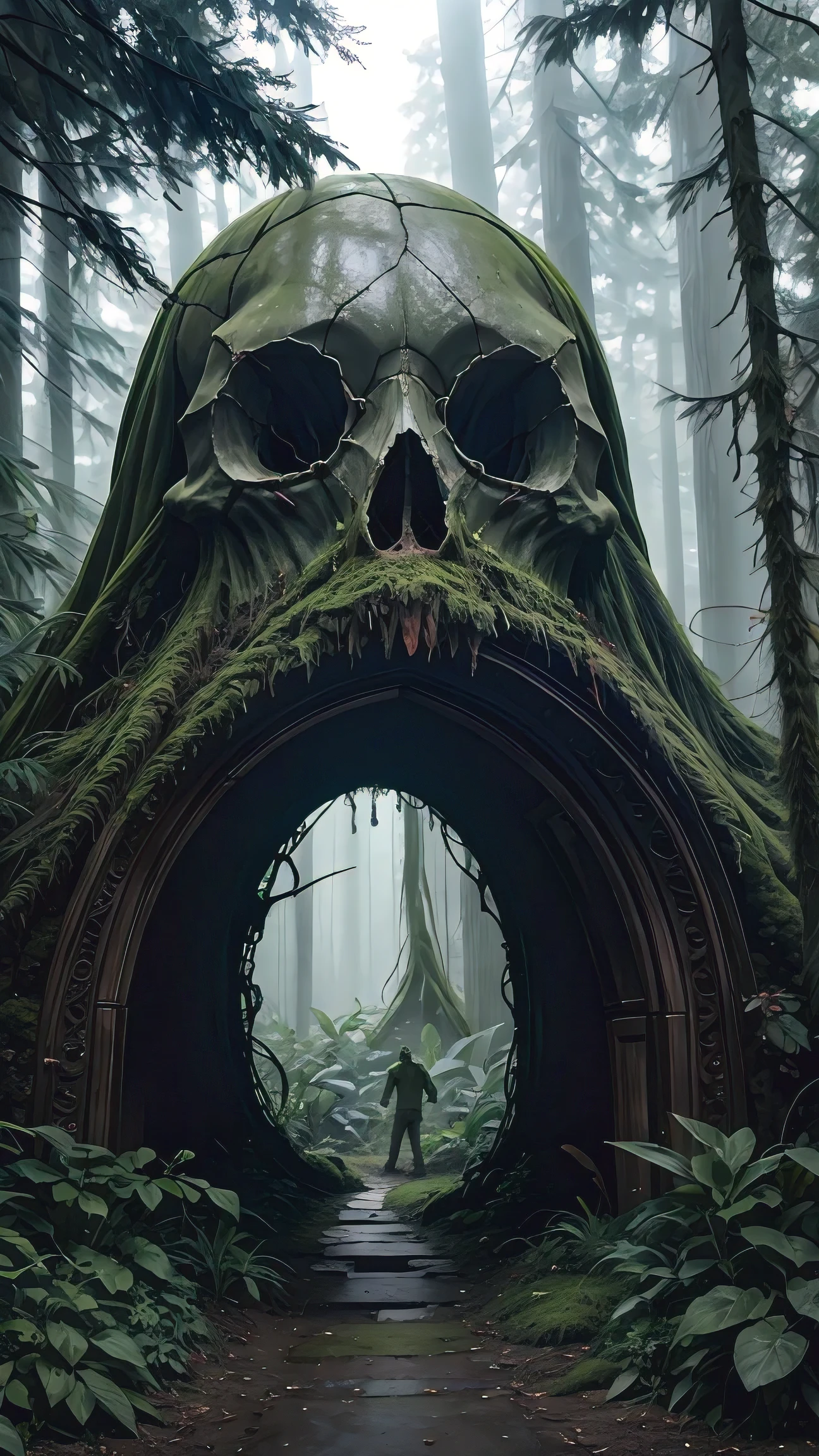 Photo of a portal in shape of a giant moss covered skull in the dark forrest, warner brothers film style, mystic, psychodelic atmosphere, 35mm