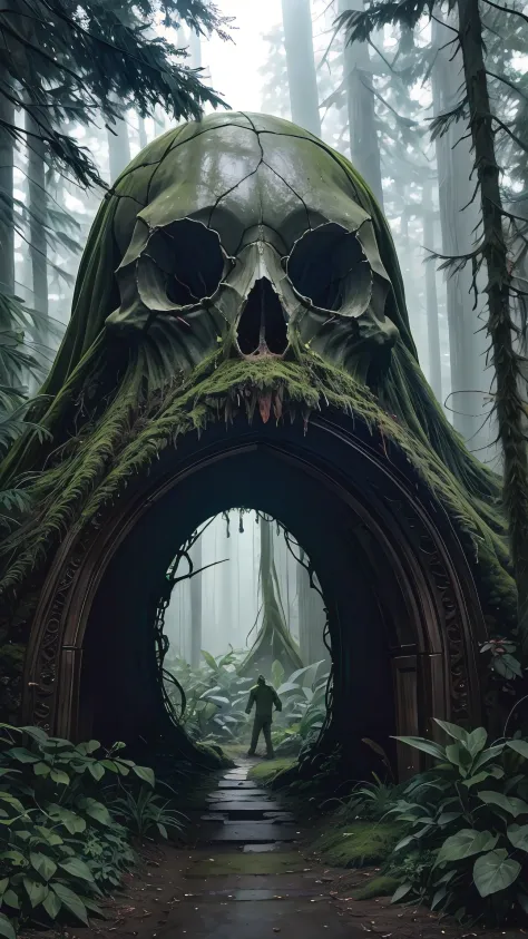 Photo of a portal in shape of a giant moss covered skull in the dark forrest, warner brothers film style, mystic, psychodelic at...