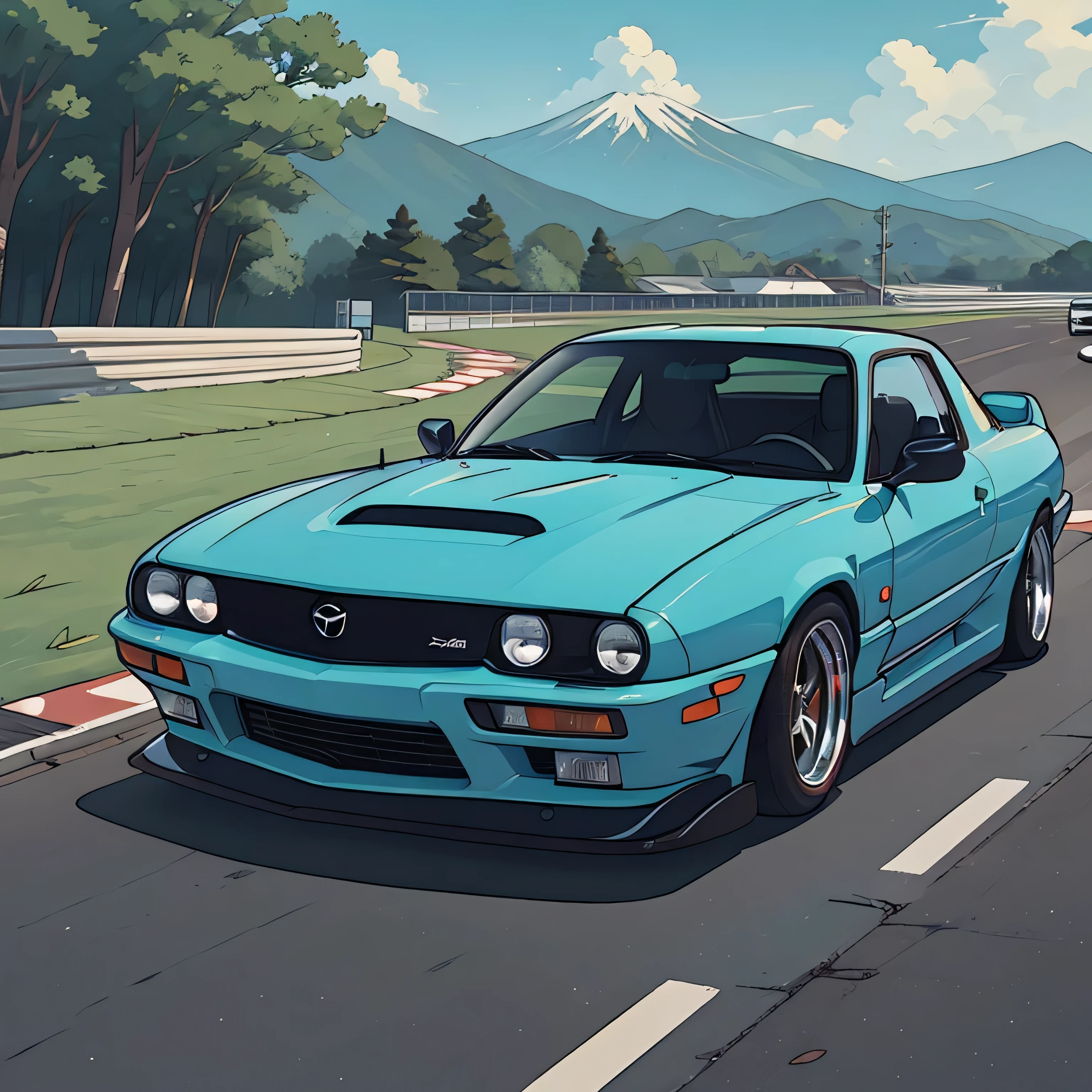 A close up of a blue car driving on a road near a mountain - SeaArt AI