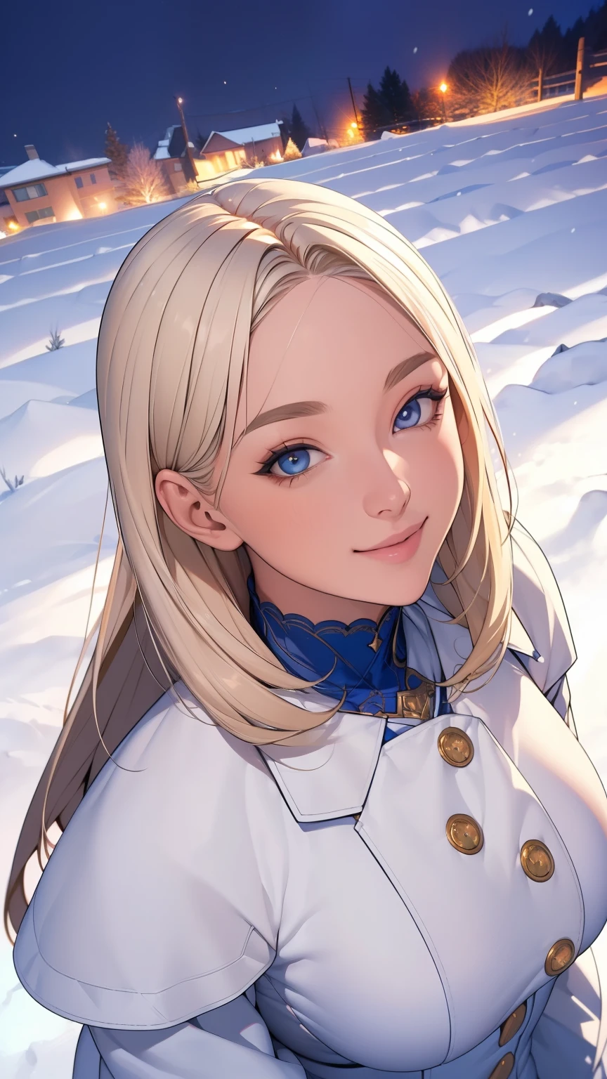 (masterpiece), (best quality), 1girl, (perfect face:1.2), (beautiful face:1.2), platinum blonde hair, (from above, upper body:1.3), happy, light smile, looking at viewer, pose, 
winter coat, outdoors, winter, snow, night time, intricate, depth of field, cinematic lighting,