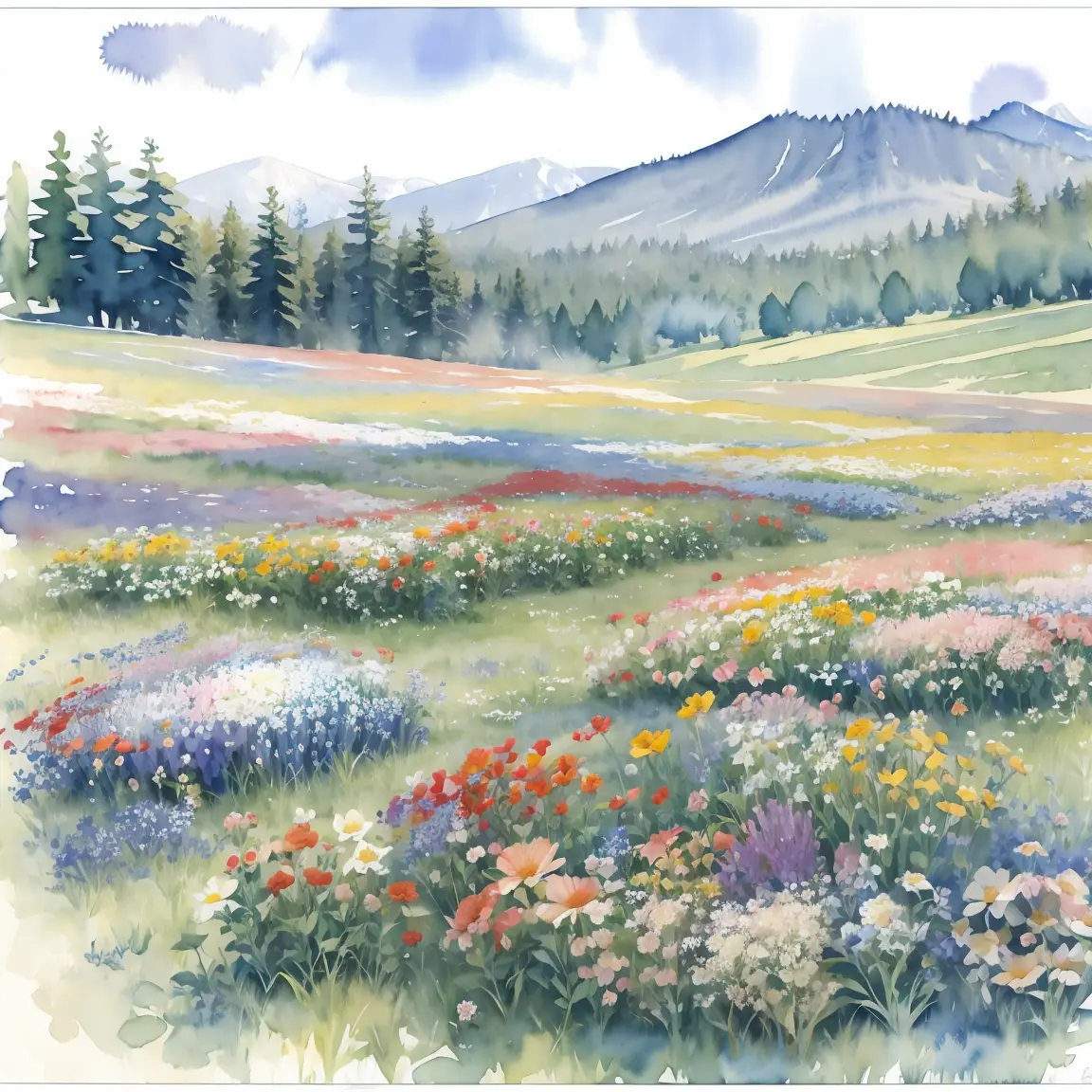 ((watercolor flowers)), wildflowers, vast meadows