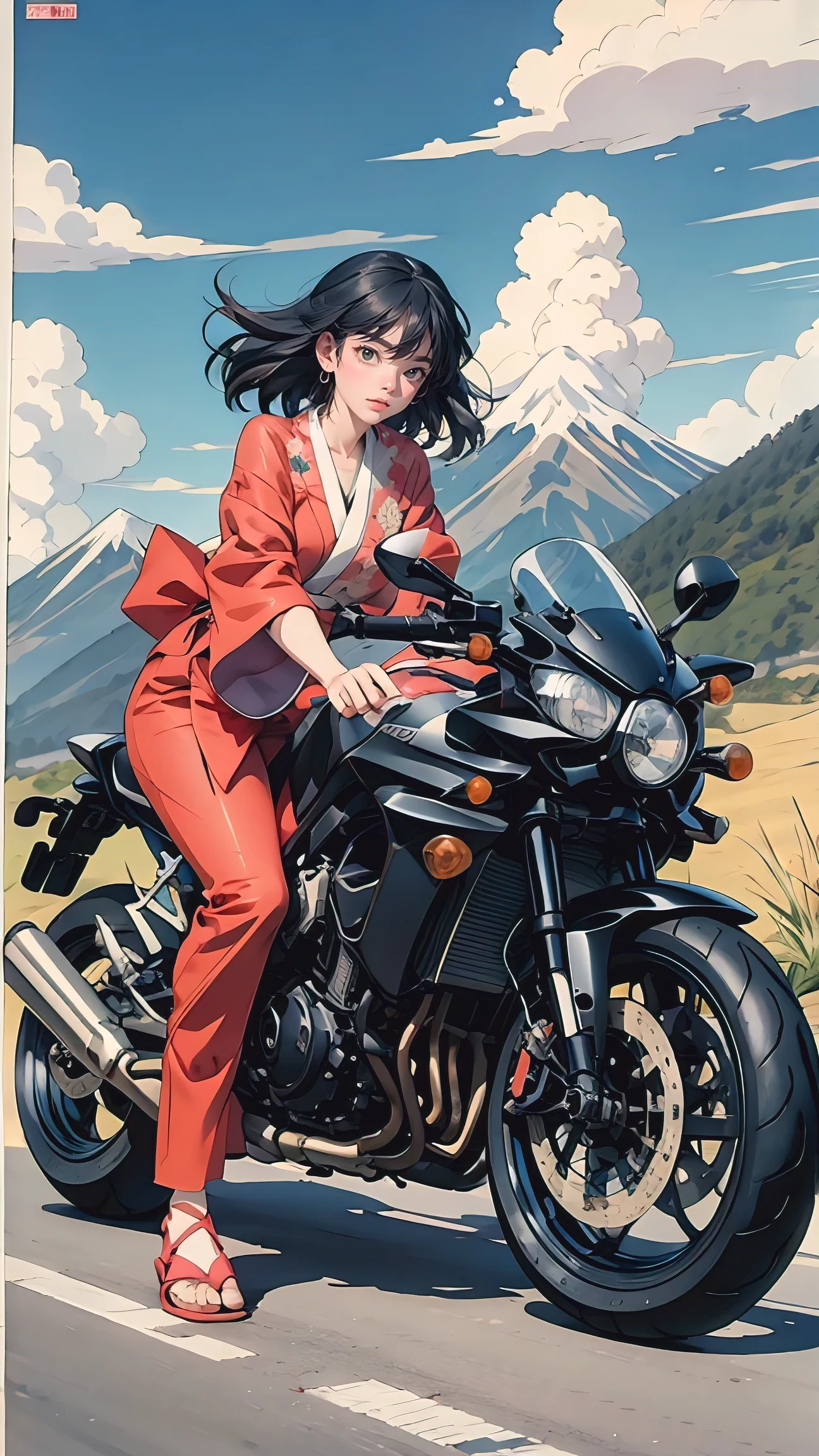 Mulher de motocicleta em uma longa e sinuosa estrada de montanha, Estilo Miyazaki Hayao，desenho à mão，Quadrinhos japoneses，estilo anime