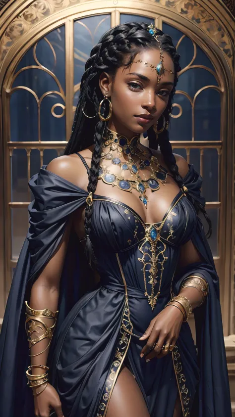 Black model with braids looking beautiful in gold jewelry, blue eyes, in the style of brown and azure, highly realistic, in the ...
