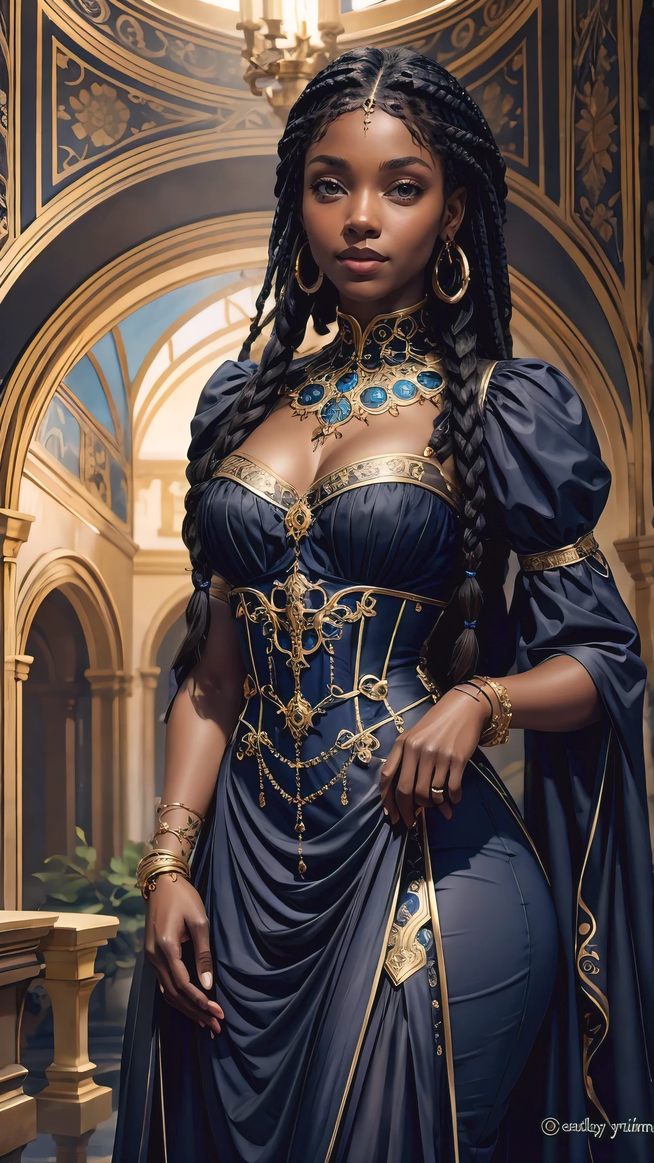 Black model with braids looking beautiful in gold jewelry, blue eyes, in the style of brown and azure, highly realistic, in the style of gothic romance, historical inspiration, meticulous details