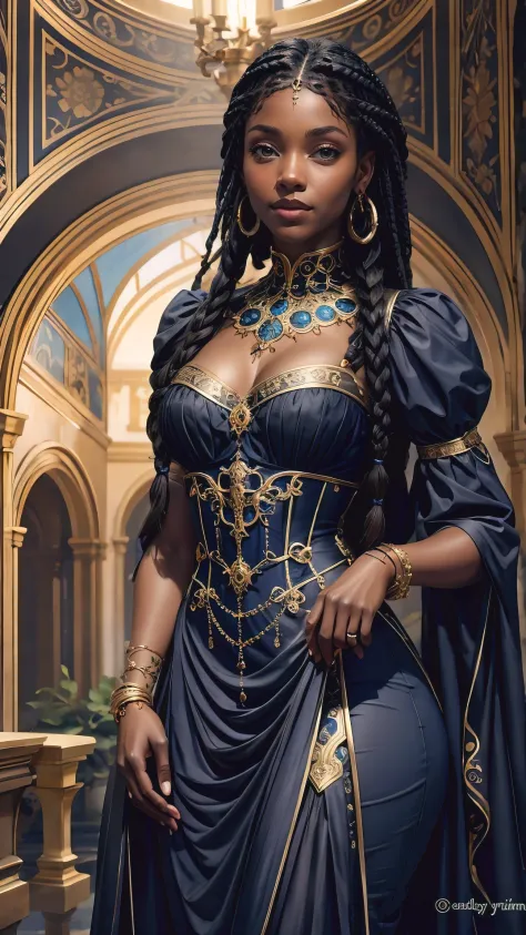 Black model with braids looking beautiful in gold jewelry, blue eyes, in the style of brown and azure, highly realistic, in the ...