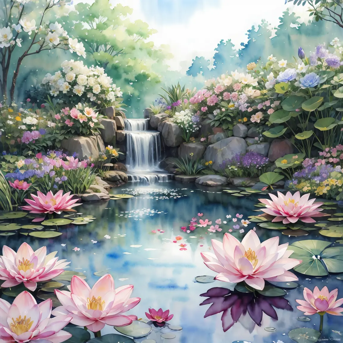 (((watercolor flowers))), lotuses and lillies, serene pond