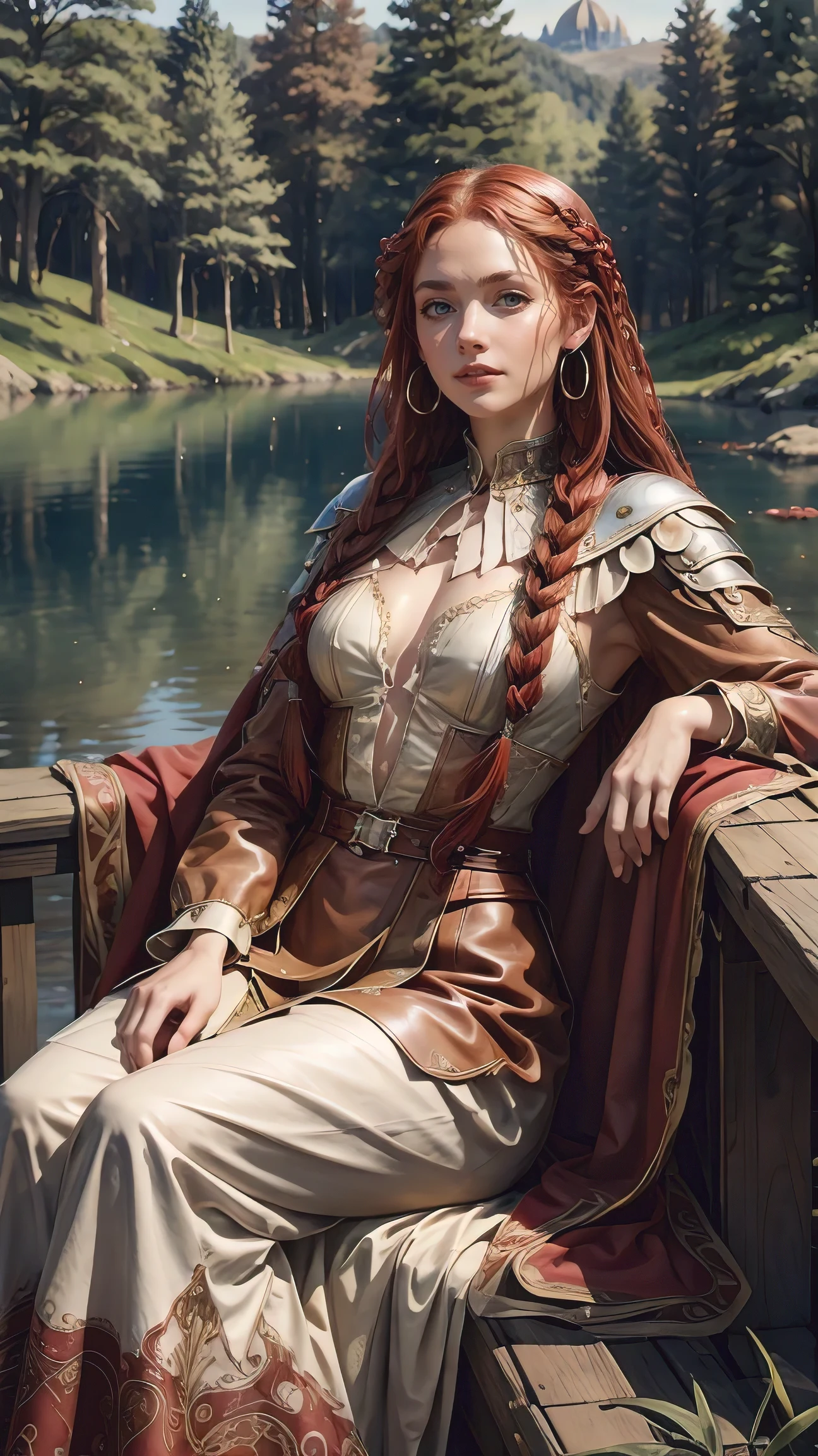 Красивая женщина, сидящая возле озера с красными косами, в стиле Джессики Дроссин, Венди мошенничество, темно-белый и коричневый, ivanovich pimenov, подробные черты лица, фарфор, применение небольшого количества магии огня, кожаный костюм воина, 15 век
