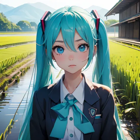 highest quality, expressive eyes, perfect face, 1 girl, alone,Hatsune Miku、high school uniform、evening、japanese countryside、Rice...