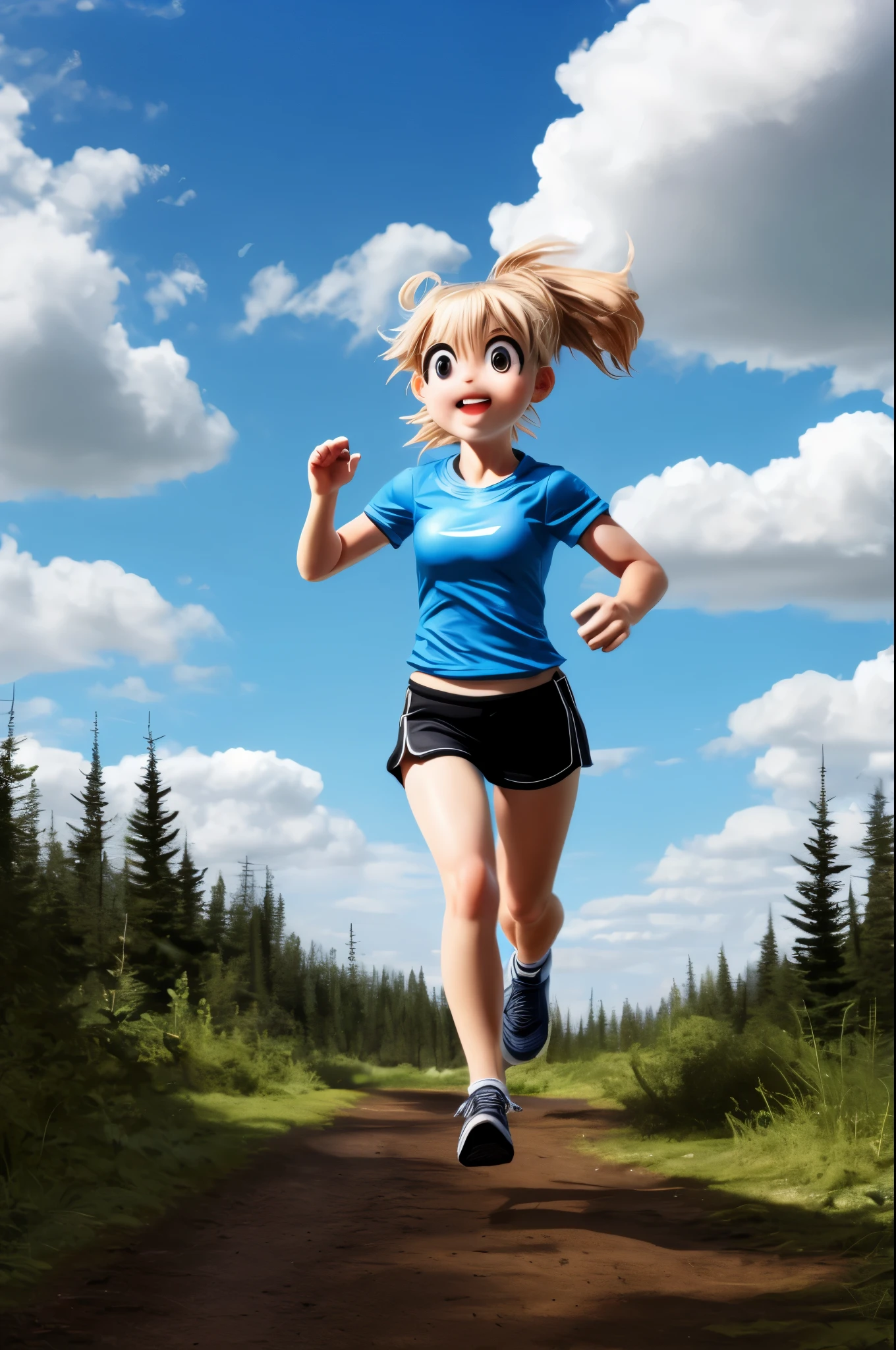 a cute girl，Blue sky and white clouds，in the forest，run