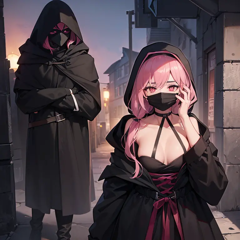 (((1 Woman with a hood covering her face and a mask, with a black cloak covering her body)), black hair, pink eyes, bare and pro...