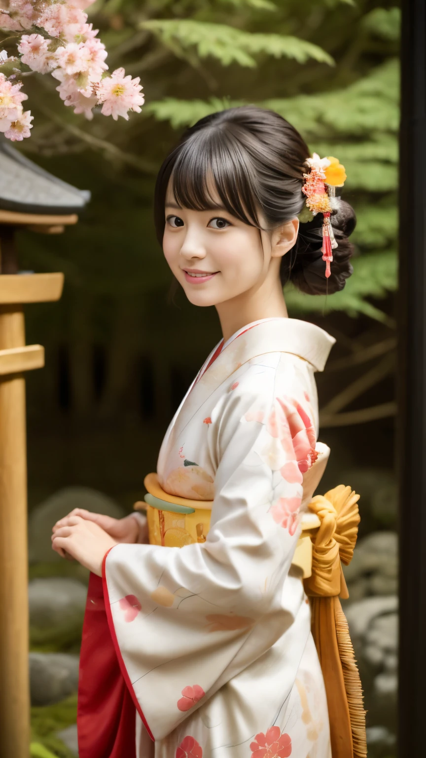 (realistic:1.3), in detail, quality, Rembrandt&#39;s light masterpiece:1.2), (photorealistic:1.2), (best quality), (fine skin:1.3)、bangs、black haired、Kyo Yuzen、(kimono, Furisode、Japanese style floral pattern:1.5)、(Super cute face with idol style:1.4)、slim and beautiful body、beautiful breasts、laughter、Full body Esbian:1.2、fur trim:1.3、(bright sunny day, Japanese shrines, null, torii:1.3),