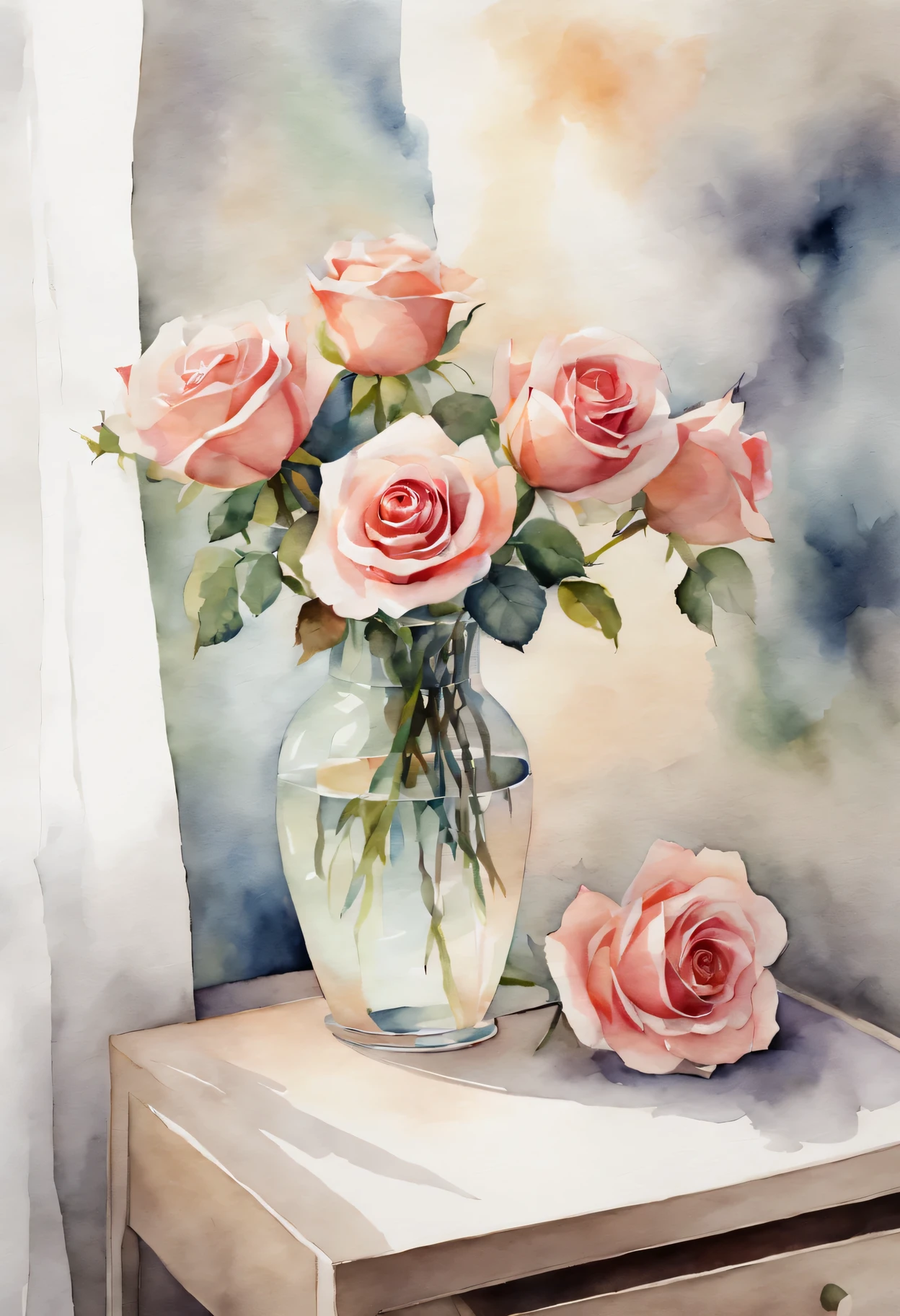 透明水彩画原画デルフト焼きの花瓶と春の薔薇たち
