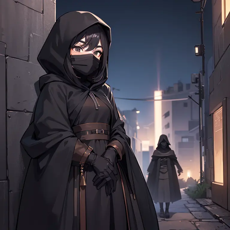 (((1 Woman with a hood covering her face and a mask, with a black cloak covering her body)),((black hair)),black eyes, bare and ...