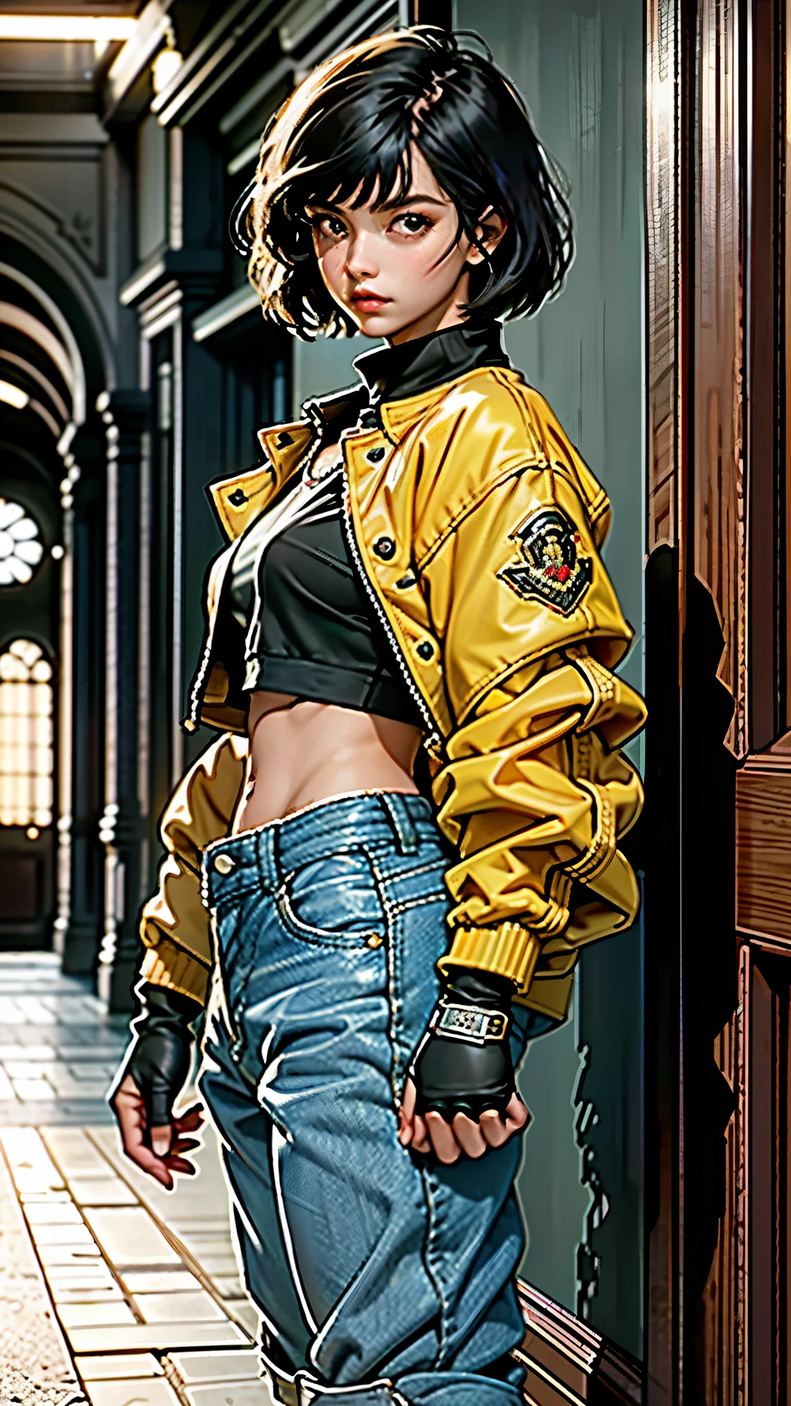 In the backdrop of an ancient fantasy-reality setting, a youth sporting a platinum crew cut displays a piercing gaze and confident demeanor. Adorned in a two-piece fusion outfit, seamlessly blending Western and Eastern influences, he wears a snug dark top paired with a vibrant yellow-blue short jacket. The lower half features loose white utility pants, and his sturdy long boots echo through the corridors of an antiquated architectural landscape. The overall aesthetic captures the essence of a refined and mature anime-inspired  rogue, symmetrical face, extremely detailed eyes and face, high quality eyes, high definition, highres, ultra-fine painting, exquisite and mature, extremely delicate, professional, anatomically correct, creativity, UHD, HDR, 32k, Natural light, cinematic lighting, best shadow, masterpiece-anatomy-perfect, best quality, masterpiece, ultra-detailed