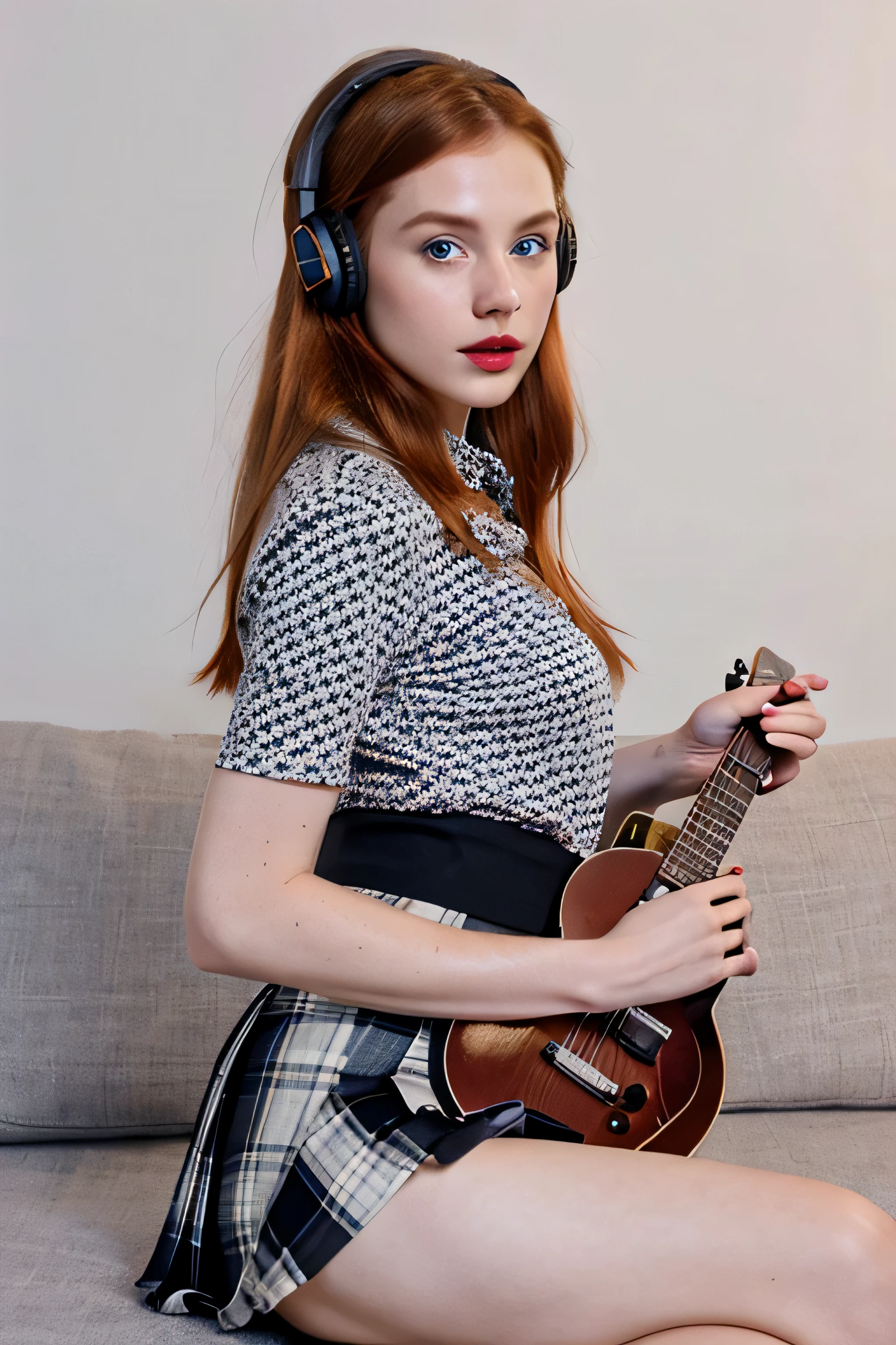 A solo redhead woman, with blue eyes and long hair styled on one side up, captured in a photo flirting to the camera while holding an electric guitar, wearing a black skirt and pleated skirt, while wearing headphones and showcasing her mesmerizing red lips.