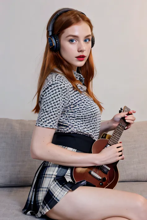 a solo redhead woman, with blue eyes and long hair styled on one side up, captured in a photo flirting to the camera while holdi...