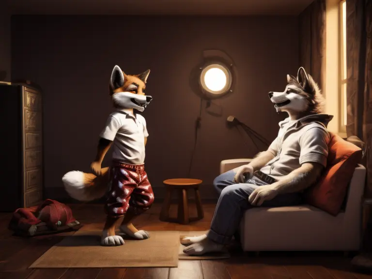 Young furry boys (fox, huskey, etc.), barefoot and dressed in black pyjamas, lie on a couch in a dark room. Eyes are fixed on th...