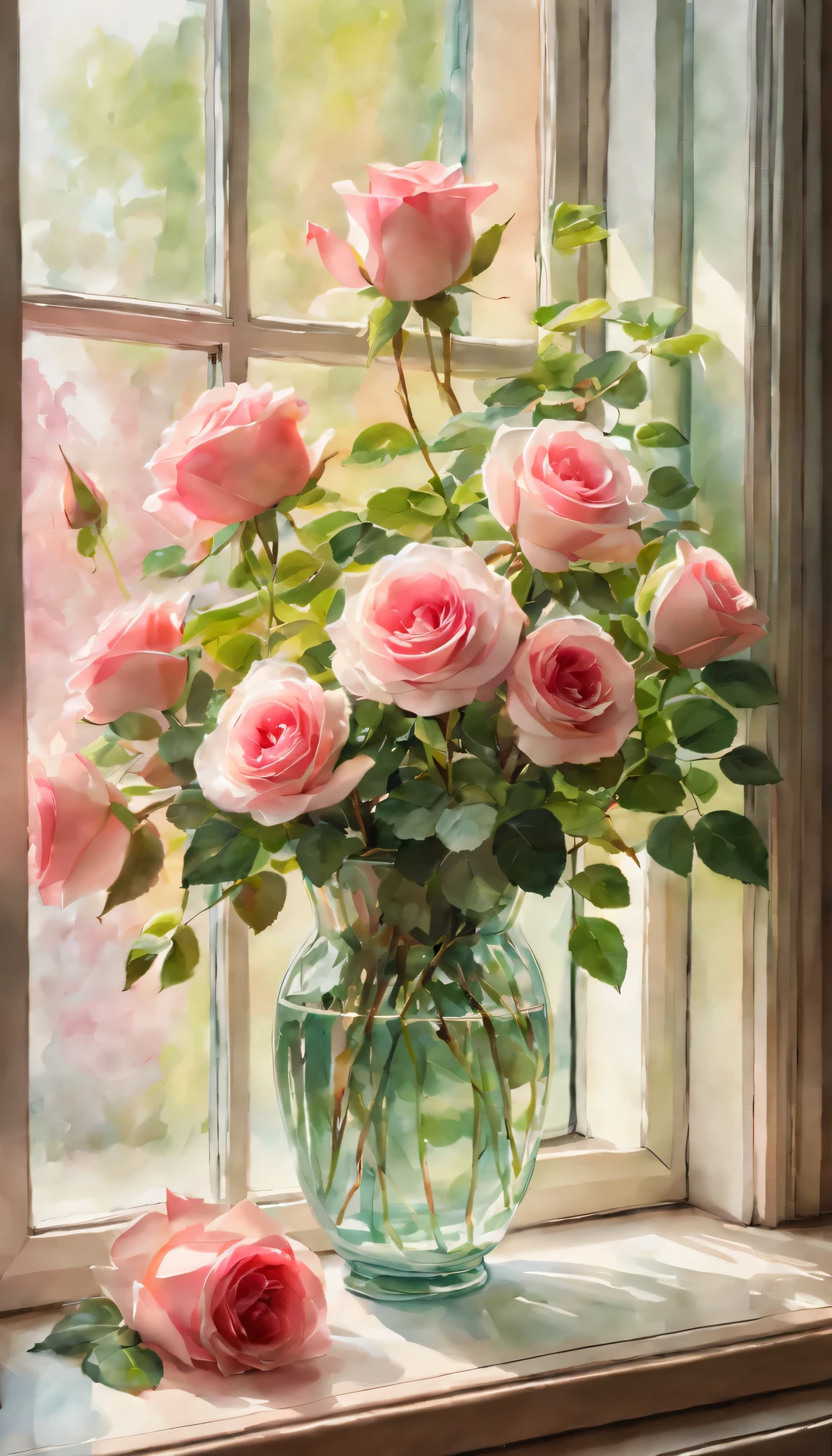 透明水彩画原画デルフト焼きの花瓶と春の薔薇たち