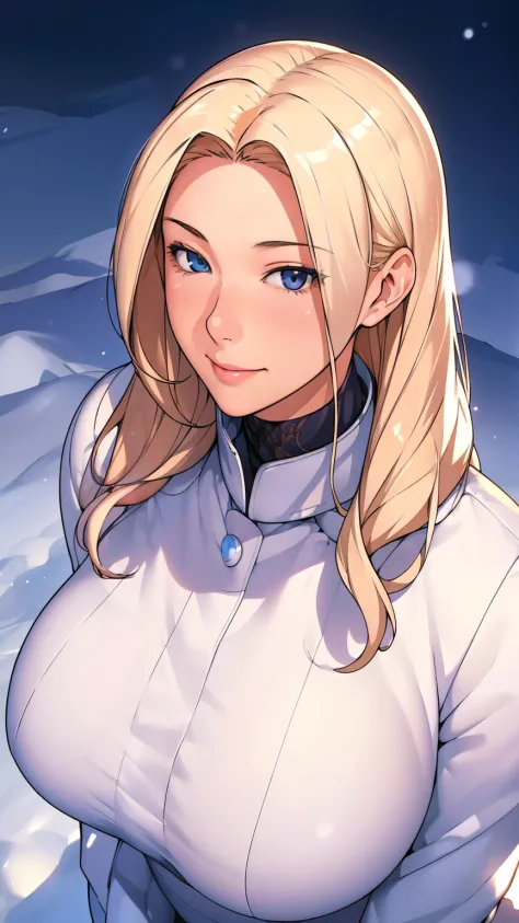 (masterpiece), (best quality), 1girl, (perfect face:1.2), (beautiful face:1.2), platinum blonde hair, (from above, upper body:1.3), happy, light smile, looking at viewer, pose, 
winter coat, outdoors, winter, snow, night time, intricate, depth of field, ci...