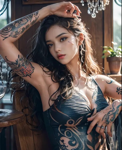 (best quality,photorealistic:1.37),(realistic,highres,ultra-detailed),(tattoo:1.1),(wet hair),(detailed skin texture), (bright colors), (soft lighting), (grunge background), (female model), (close-up), (colorful ink), (body art), (vibrant tattoos), (intric...