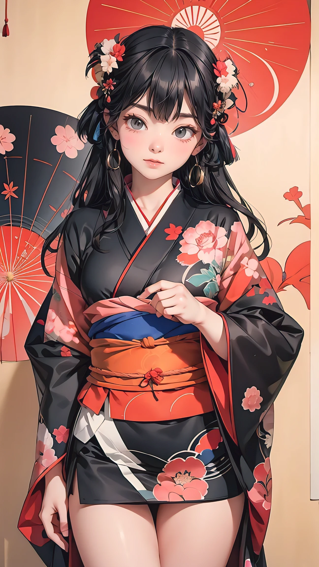 美しい長い黒髪の日本人の女の子, 伝統的な黒の着物を着る, 太ももに日本の伝統的なタトゥーを披露, アリフレックス 35 bl カメラ, キヤノンK35プライムレンズ