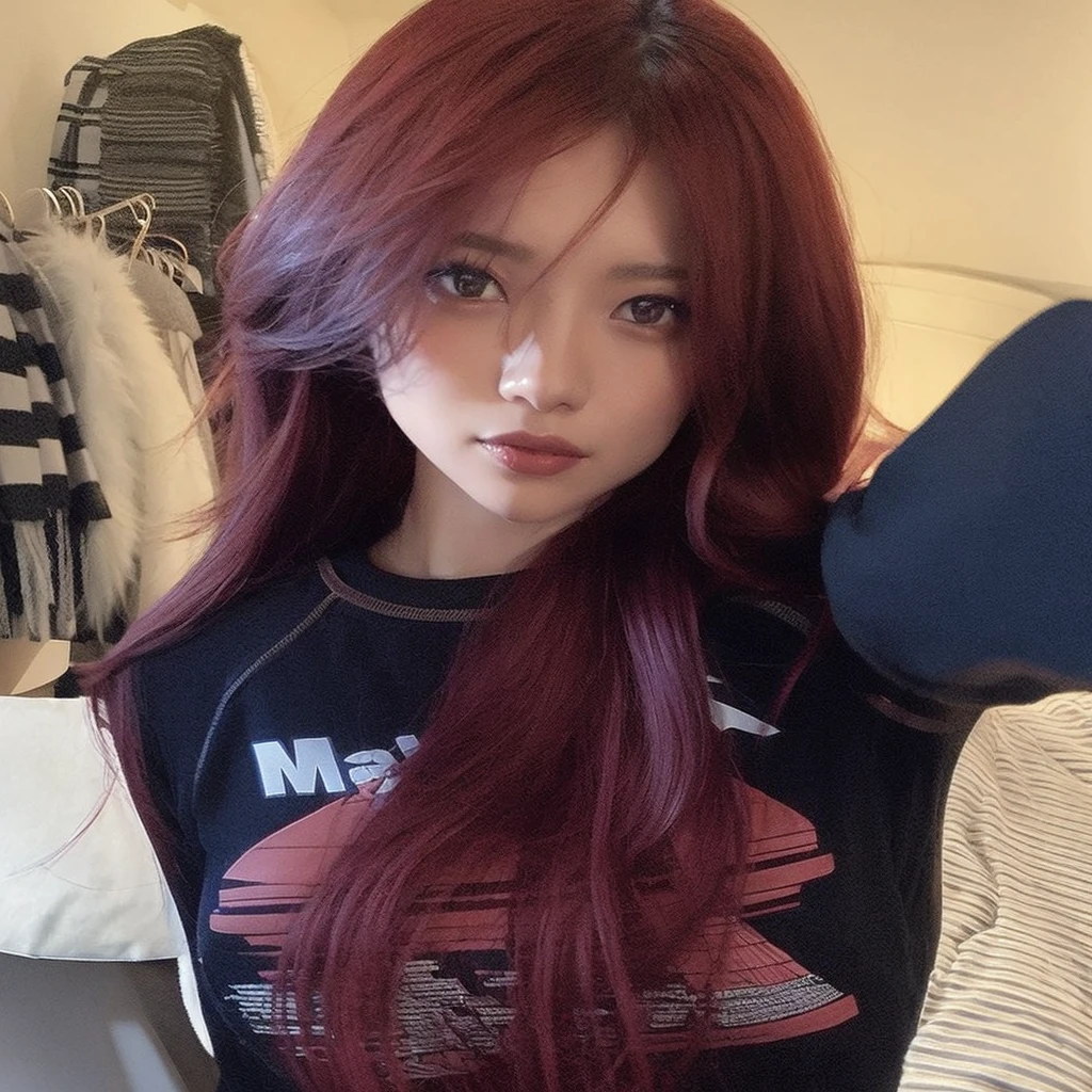 Woman with red hair and a black shirt taking a selfie, tzuyu from twice -  SeaArt AI