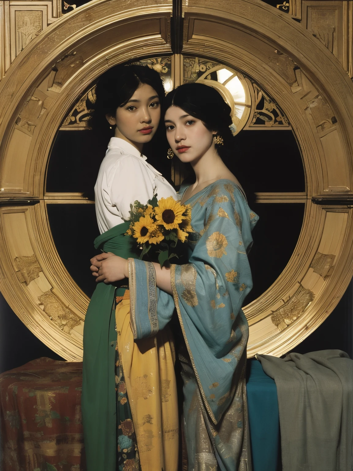 painting of a woman holding a bouquet of sunflowers in front of a golden background, hyperrealistic art nouveau, chie yoshii, andrey remnev, by Yamagata Hiro, mucha klimt and tom bagshaw, inspired by J. C. Leyendecker, inspired by J.C. Leyendecker, inspired by James C. Christensen