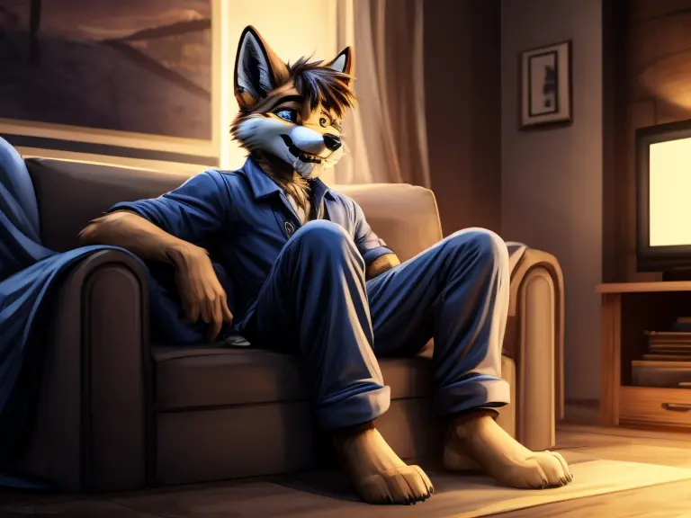 Young furry boys (fox, huskey, etc.), barefoot and dressed in black pyjamas, lie on a couch in a dark room. Eyes are fixed on th...
