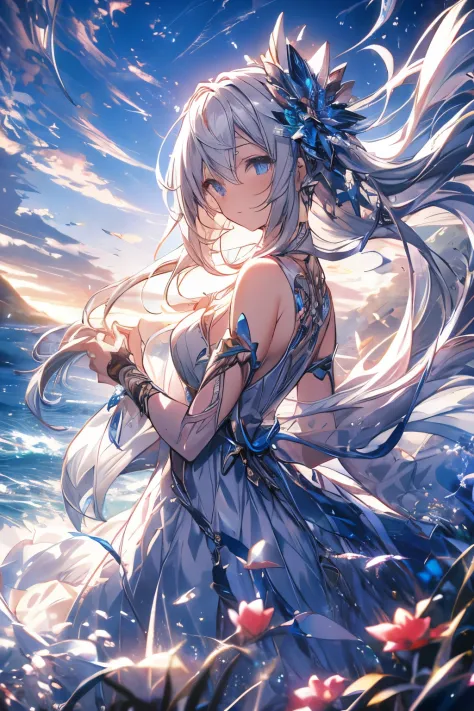 anime girl walking near cliff, beautiful fantasy anime, high detailed official artwork, white sliver haired deity, shadowverse s...